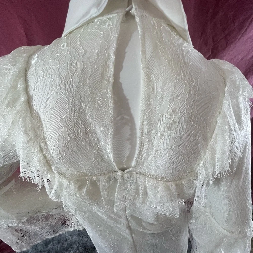 White Lace Blouse Button Collar Long Bell Sleeves
